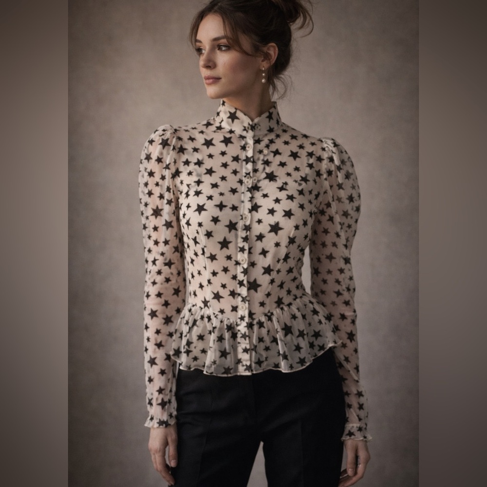 Batsheva Star Print Sheer Mesh Blouse NWT Size 6 Prairie Romantic Top